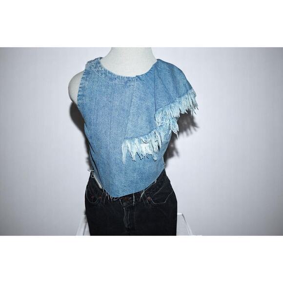 Zara Trafaluc Denimwear Frayed Ruffle Denim Crop Top XS Cotton Fringe Western - Picture 8 of 10